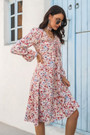 Autumn New Stylish Inelastic Batch Printing Lacing Shirring Flared Sleeves Casual Midi Dress