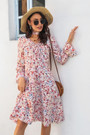 Autumn New Stylish Inelastic Batch Printing Lacing Shirring Flared Sleeves Casual Midi Dress