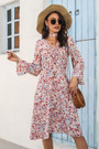 Autumn New Stylish Inelastic Batch Printing Lacing Shirring Flared Sleeves Casual Midi Dress
