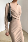 Autumn New Stylish Three Colors Crew Neck Kink Long Sleeve Zip-Up Stretch Slit Casual Midi Dress