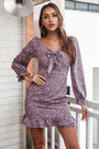 Autumn New Three Colors Floral Printing Inelastic V-Neck Ruffle Zip-Up Back Stylish Sweet Mini Dress