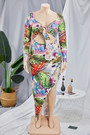 Autumn Plus Size Xl-5Xl New Stylish Batch Printing Lace-Up Hollow Out Stretch Irregular Maxi Dress