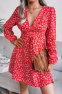 Early Autumn Floral Batch Printing New Stylish V-Neck Lace-Up Loose Chiffon Mini Dress