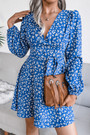 Early Autumn Floral Batch Printing New Stylish V-Neck Lace-Up Loose Chiffon Mini Dress