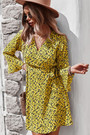 Early Autumn Long Micro Flare Sleeve Casual Batch Printing Bandage Inelastic Mini Dress