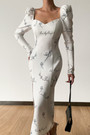Early Autumn Temperament Square Neck Long Sleeve Letty "Lucky Angel" Batch Printing Stretch High Split Midi Dress