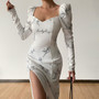 Early Autumn Temperament Square Neck Long Sleeve Letty "Lucky Angel" Batch Printing Stretch High Split Midi Dress