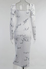 Early Autumn Temperament Square Neck Long Sleeve Letty "Lucky Angel" Batch Printing Stretch High Split Midi Dress