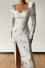 Early Autumn Temperament Square Neck Long Sleeve Letty "Lucky Angel" Batch Printing Stretch High Split Midi Dress