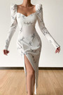 Early Autumn Temperament Square Neck Long Sleeve Letty "Lucky Angel" Batch Printing Stretch High Split Midi Dress