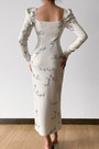Early Autumn Temperament Square Neck Long Sleeve Letty "Lucky Angel" Batch Printing Stretch High Split Midi Dress