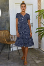 Floral Batch Printing Short-Sleeve Summer New Stylish Buttons Loose Dress