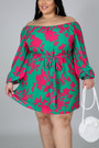 L-4Xl Autumn New All-Over Graphic Batch Printing Stretch Boat-Neck Minimalist Casual Mini Dress With Belt