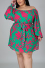 L-4Xl Autumn New All-Over Graphic Batch Printing Stretch Boat-Neck Minimalist Casual Mini Dress With Belt