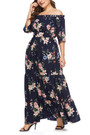 L-4Xl Plus Size Floral Batch Printing Stretch Off-The-Shoulder Ruffle Swing Stylish Holiday Maxi Dress