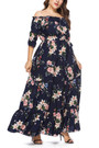 L-4Xl Plus Size Floral Batch Printing Stretch Off-The-Shoulder Ruffle Swing Stylish Holiday Maxi Dress