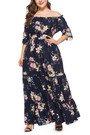 L-4Xl Plus Size Floral Batch Printing Stretch Off-The-Shoulder Ruffle Swing Stylish Holiday Maxi Dress