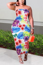 L-4Xl Plus Size Summer New Stylish Stretch Flower & Leaf Batch Printing Tube Design Slim Sexy Maxi Dress