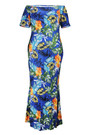 L-4Xl Plus Size Summer New Stylish Stretch Flower & Leaf Printing Off-The-Shoulder Casual Maxi Dress