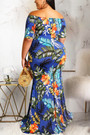 L-4Xl Plus Size Summer New Stylish Stretch Flower & Leaf Printing Off-The-Shoulder Casual Maxi Dress