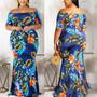 L-4Xl Plus Size Summer New Stylish Stretch Flower & Leaf Printing Off-The-Shoulder Casual Maxi Dress