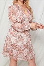 L-4Xl Spring & Summer New Plus Size Allover Floral Batch Printing Inelastic Tatting V-Neck Long-Sleeve Casual Vacation Style Midi Dress