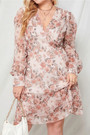 L-4Xl Spring & Summer New Plus Size Allover Floral Batch Printing Inelastic Tatting V-Neck Long-Sleeve Casual Vacation Style Midi Dress