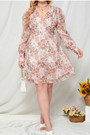 L-4Xl Spring & Summer New Plus Size Allover Floral Batch Printing Inelastic Tatting V-Neck Long-Sleeve Casual Vacation Style Midi Dress