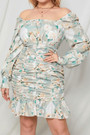 L-4Xl Spring & Summer New Plus Size Allover Floral Batch Printing Micro-Elastic Tatting Square-Neck Long-Sleeve Shirring Casual Mini Dress