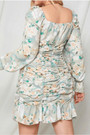 L-4Xl Spring & Summer New Plus Size Allover Floral Batch Printing Micro-Elastic Tatting Square-Neck Long-Sleeve Shirring Casual Mini Dress