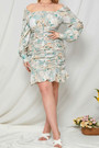L-4Xl Spring & Summer New Plus Size Allover Floral Batch Printing Micro-Elastic Tatting Square-Neck Long-Sleeve Shirring Casual Mini Dress
