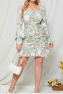 L-4Xl Spring & Summer New Plus Size Allover Floral Batch Printing Micro-Elastic Tatting Square-Neck Long-Sleeve Shirring Casual Mini Dress