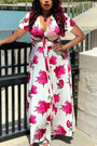 L-4Xl Summer New Flower Batch Printing Stretch V-Neck Hollow Tied Sexy Maxi Dress