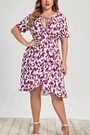 L-4Xl Summer New Plus Size Three Colors Leopard Printing Inelastic Tatting V-Neck Tied Ruffle Casual Midi Dress