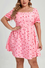 L-4Xl Summer New Plus Size Two Colors Heart Shaped Batch Printing Inelastic Tatting Square-Neck Zip-Up Casual Mini Dress