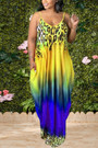 L-5Xl Plus Size Summer New 2 Colors Tie-Dye & Leopard Batch Printing Stretch Pockets Loose Stylish Casual Spaghetti String Maxi Dress