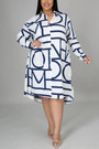 L-5Xl Plus Size Summer New Stylish Three Colors Batch Printing Lapel Button Inelastic Casual Midi Dress