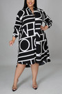 L-5Xl Plus Size Summer New Stylish Three Colors Batch Printing Lapel Button Inelastic Casual Midi Dress