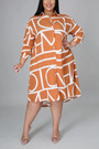 L-5Xl Plus Size Summer New Stylish Three Colors Batch Printing Lapel Button Inelastic Casual Midi Dress