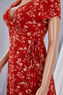 New Floral Printing Micro-Elastic V-Neck Waist Lace-Up High Slit Stylish Midi Dress