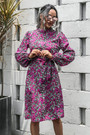 New Style 3 Colors Floral Batch Printing Lantern Sleeve Casual Dress (With Belt)