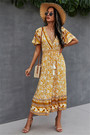 New Style 4 Colors Fashion V-Neck Flowers Batch Printing Laced Loose Dress