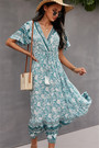 New Style 4 Colors Fashion V-Neck Flowers Batch Printing Laced Loose Dress
