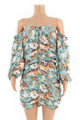 New Style Floral Batch Printing Off-Shoulder Fashion Pleated Lace Mini Dress