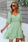 New Style Fresh Floral Batch Printing V-Neck Elbow Sleeve Loose Fashion Dress
