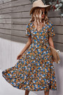 New Style Multicolor Flowers Batch Printing Elastic Waist Loose Dress (With Belt)
