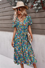 New Style Multicolor Flowers Batch Printing Elastic Waist Loose Dress (With Belt)