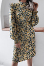 New Stylish Autumn Floral Batch Printing Loose Chiffon Midi Dress (With Belt)