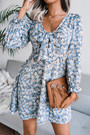 New Stylish Early Autumn Floral Batch Printing V-Neck Lace-Up Casual Chiffon Mini Dress