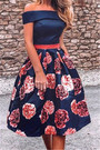 New Stylish Solid Color Spliced Flower Batch Printing Off Shoulder Pocket Slim Dress